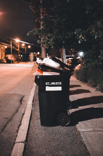 A tall, bright blue wheelie bin with a hinged lid is positioned outdoors on a patch of grass, adjacent to a red trash container with a black lid that has circular ventilation holes. The blue bin featu